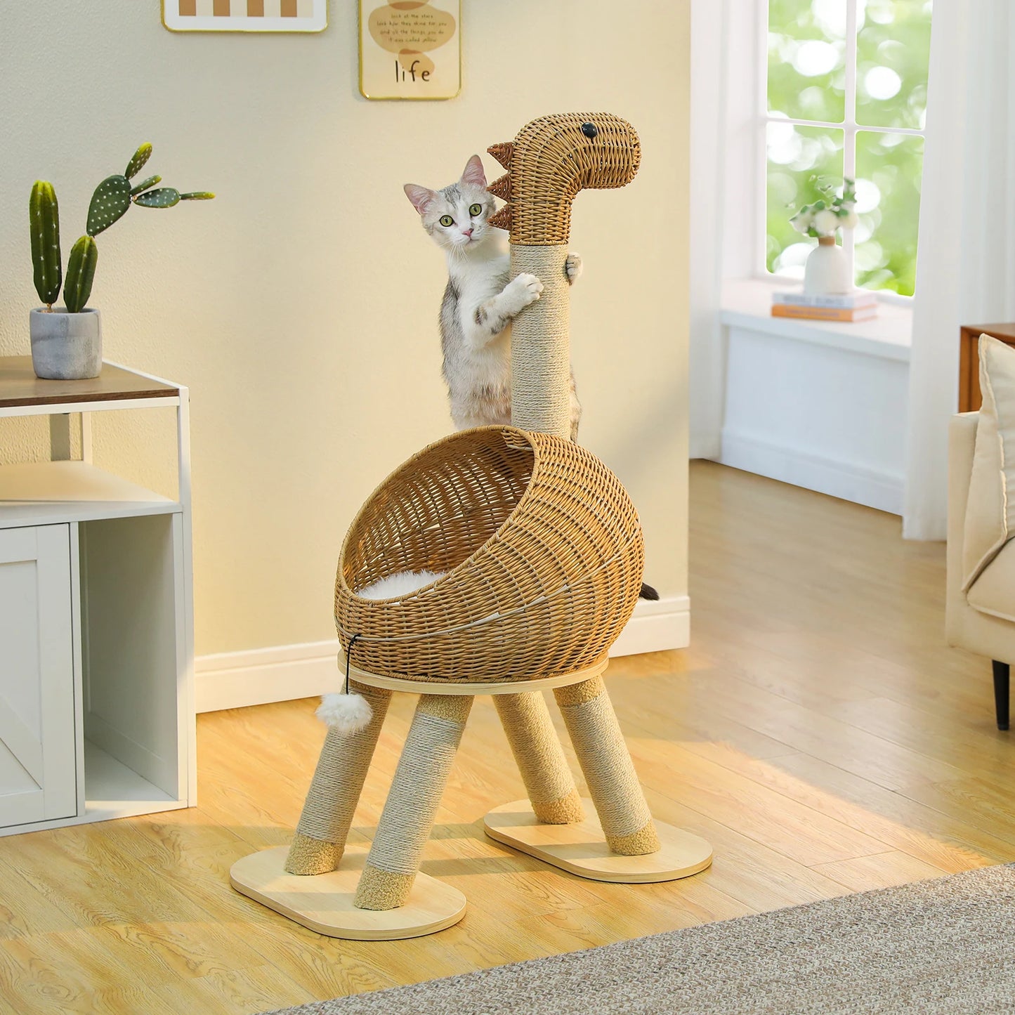 Arbre à Chat Dinosaure 3-en-1 – Tour XXL en Rotin et Griffoir Sisal | Design Premium