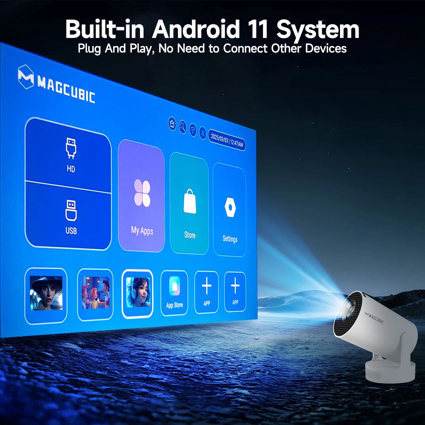 Projecteur Portable Magcubic HY300 Pro+ 4K Android 11 8000 Lumens WiFi 6 BT5.4 Cinéma Extérieur Haut-parleur HiFi 5 W Prise en charge HD 720P